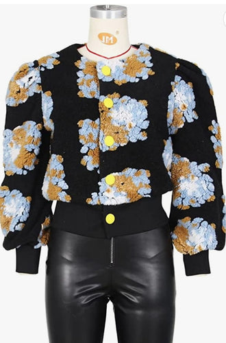 THE LUXE NK GLAM GIRL SPRING COLLECTION - PUFF SLEEVE BUTTON DOWN MULTI COLOR FLORAL SWEATER -  CARDIGAN/4671