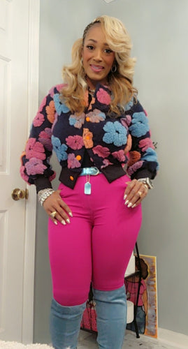 THE LUXE NK GLAM GIRL SPRING COLLECTION - PUFF SLEEVE BUTTON DOWN MULTI COLOR FLORAL SWEATER -  CARDIGAN/4671